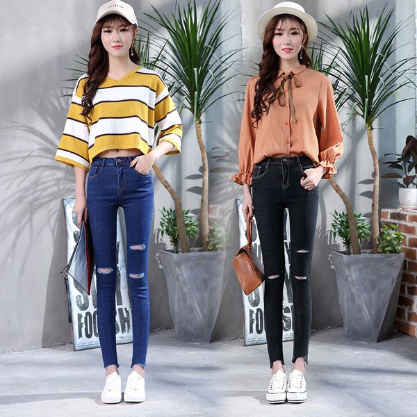 

good quality bamboo joint cotton elastic with holes cowboy capri slim-fit pants women's, Blue