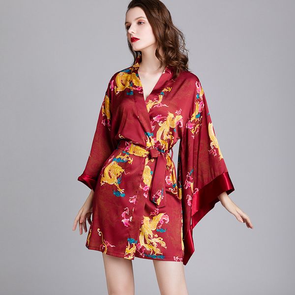 

women print wedding robe casual soft kimono bathrobe gown nightwear satin silky nightdress sleepwear nightgown home clothes, Black;red