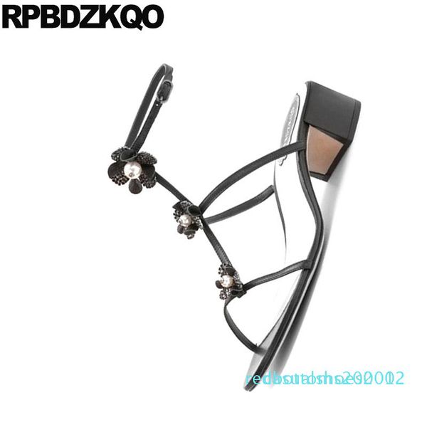 

pearl plus size pumps designer shoes women luxury 2019 wedding sandals rhinestone low heel chunky flower ankle strap gladiator r02, Black