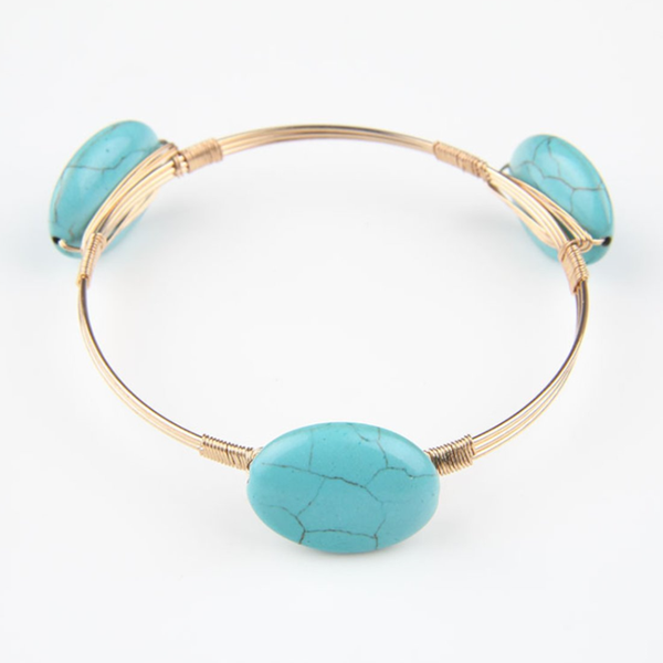 

fyjs unique light yellow gold color alloy stackable oval shape green turquoises stone bangle ethnic jewelry, Black