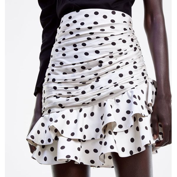 

rr dot printed mini skirts women fashion zipper waist skirts women summer a line ruffles fold female ladies fg02, Black