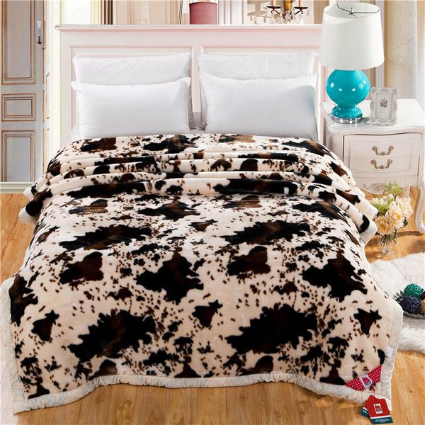 

fluffy fuzzy raschel mink blankets for beds double layer animal cow skin pattern print twin queen size winter warm blanket