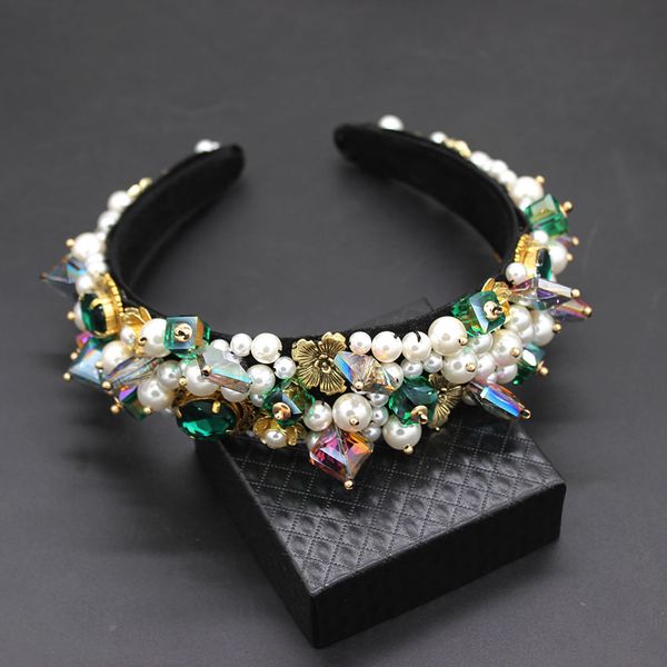 

personality street style headband baroque exaggerated crystal pearls with headband catwalk dance multicolor 903, Golden;white