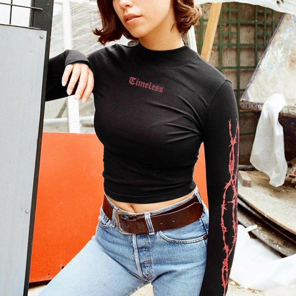 

red letters print mock neck black crop women summer autumn new long cool sleeve ladies loose casual daily glamorous t shirt, White