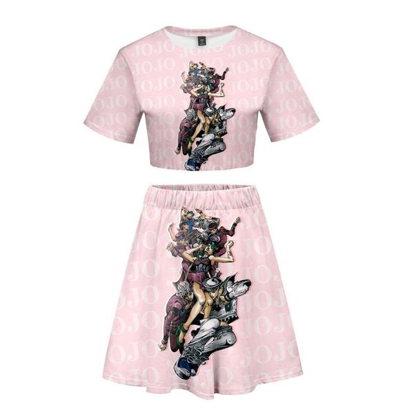 

jojo anime print basic 3d comfortable hipster cool casual summer navel short sleeve+short skirt sets women 2 pic skirts set, White