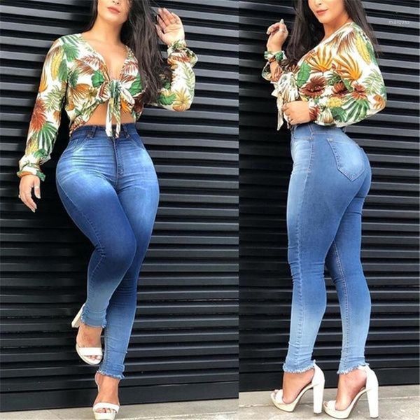 

denim jeans casual stretchy distrressed skinny pencil pants fashion gradient color jeans trousers women high waist, Blue