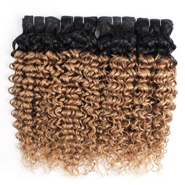 

brazilian curly hair ombre honey blonde water wave hair bundles color 1b/27 10-24 inch 3/4 pieces 100% remy human hair extensions, Black