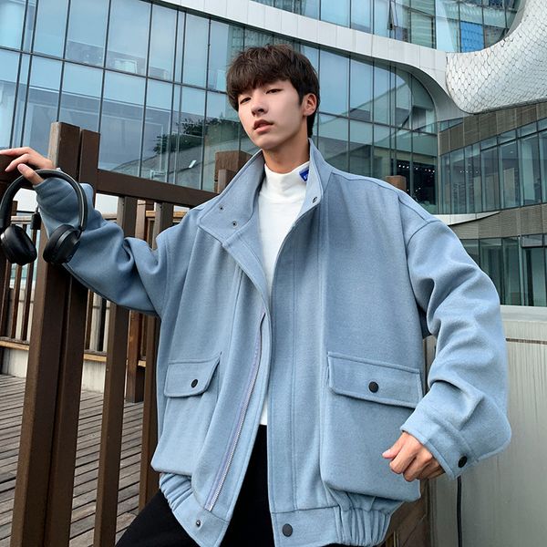 

men's jacket new fall 2019 pure color long sleeve denim jacket lapel coat loose casual fashion personality young men's wear, Black;brown
