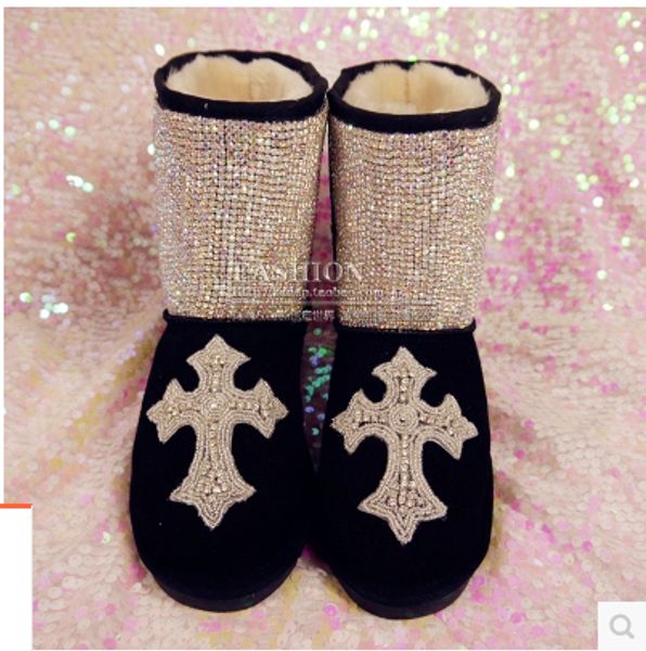 

women's shoes spring rubber boots for women knee-high 2014 autumn and winter fashion handmade cross diamond pearl cowhide fur on, Black