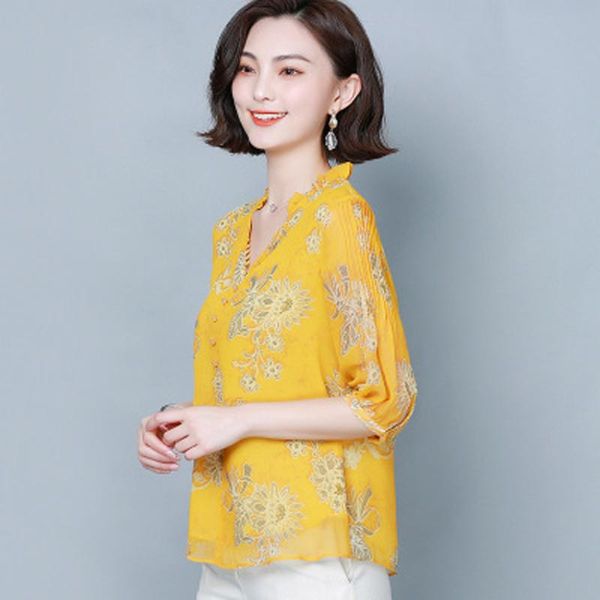 

european goods chiffon shirt female mid-sleeved floral v-neck was thin yellow 2020 spring cover belly shirt foreign gas sh, White