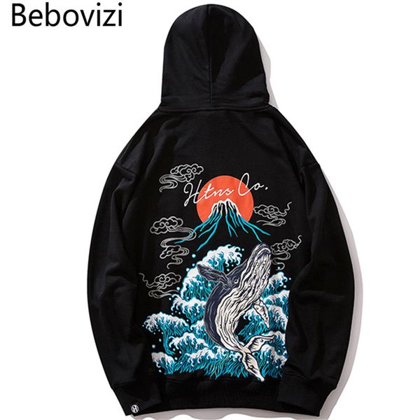 

bebovizi harajuku hip hop whale mount fuji wave print hoodies japan streetwear hoodie casual japanese hoodie men sweatshirt, Black