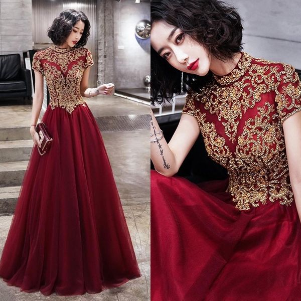 

2020 burgundy rhinestones high neck evening dresses long gold major beaded prom pageant dresses formal gown robe de soiree new