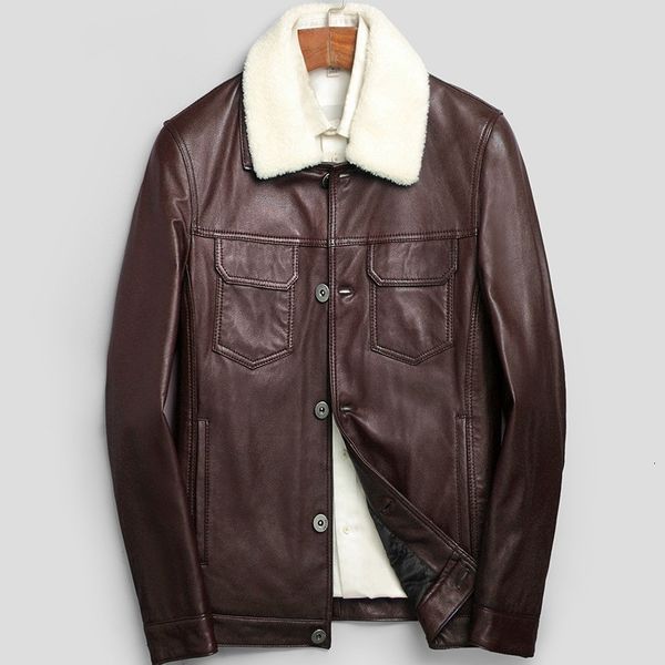 

men winter cotton padded sheepskin genuine leather jacket lamb wool collar coat slim fit office man outwear coats biker jackets, Black