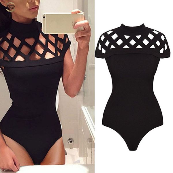 

plus size 5xl women 2019 choker high neck hollow out bodycon caged sleeve one piece bodysuit female combinaison femme black, Black;white