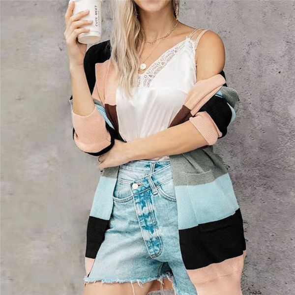 

autumn women casual sweaters loose v-neck long sleeve winter knitted jumpers stripe outwear jacket coat with pockets o24, White