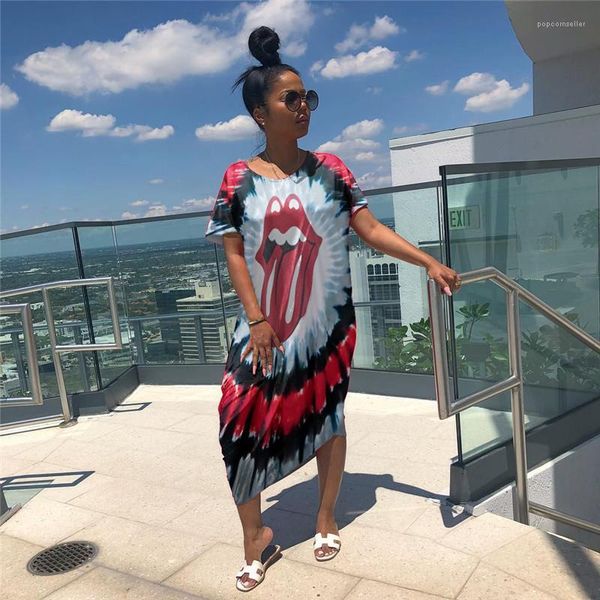 

clothes casual women tie dyed big tongue dresses summer short sleeved loose dress, Black;gray