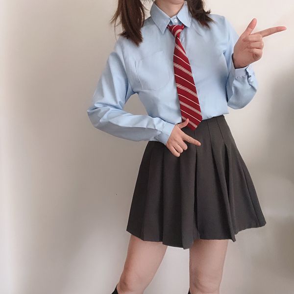 

japanese women autumn jk uniform blue blouse young girl student school uniform long sleeve solid color shirt college style, White