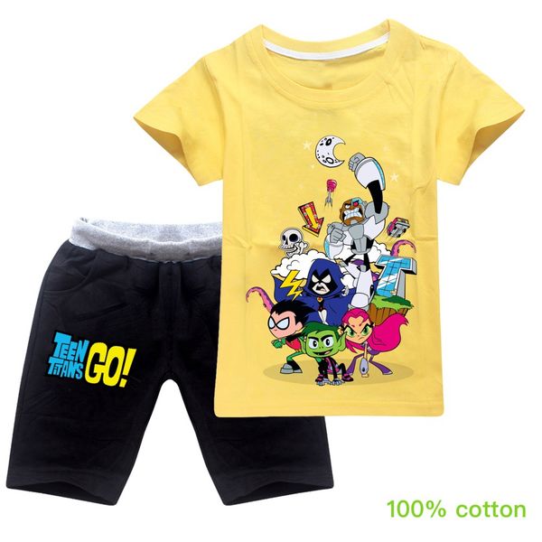 

teen titans go cute cartoon clothes set summer kids clothing cotton boys short sleeve t shirt+pants 2pcs sports tracksuit ph085, White