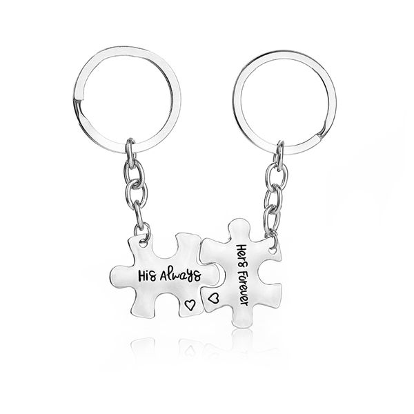 

his always her forever keychain set lover gift lettering statement keychains puzzle keyrings splice jewelry for wife boyfriend, Silver