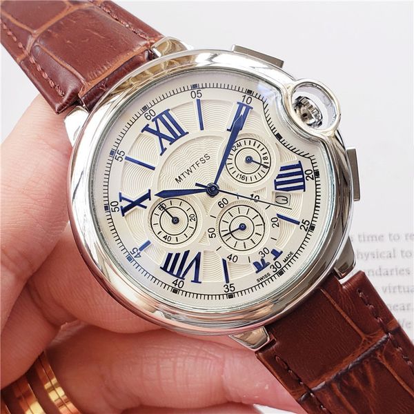 

марка полнофункциональный секундная mens большой циферблат римские цифры 48mm кожа часы luxury brown водонепроницаемый календарь часы релох, Slivery;brown