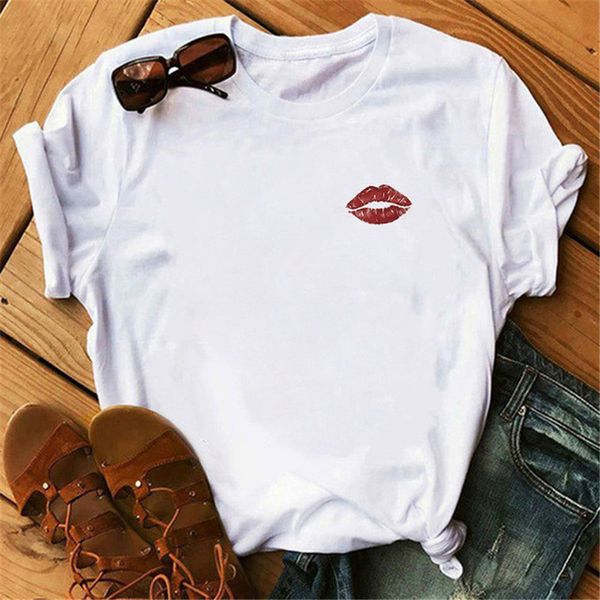 

2020t shirt female short sleeve loose lips printed clothes plus size4, White