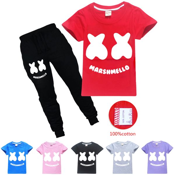 

100% cotton dj marshmello printed kids clothing sets 6-14y boys girls t shirt + trousers 2 piece sets kids designer clothes dhl ss73, White