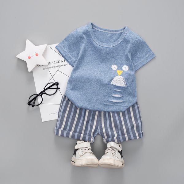 

summer baby boys clothes for girl short sleeve cartoon print t-shirt striped shorts toddler casual outfits sets, White