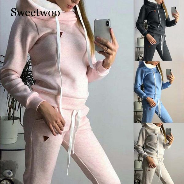

autumn women tracksuits 2pcs sports suits plus velvet hoodies sweatshirts pants running set fleece warm thicken gym clothing, Black;blue
