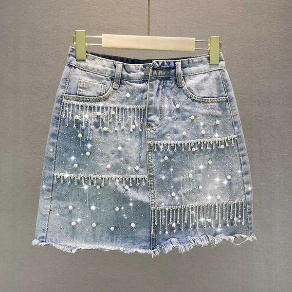

2020 summer slim denim skirt womens skirts heavy beaded rhinestone tassel female one step short mini skirt jean jupe mujer, Black