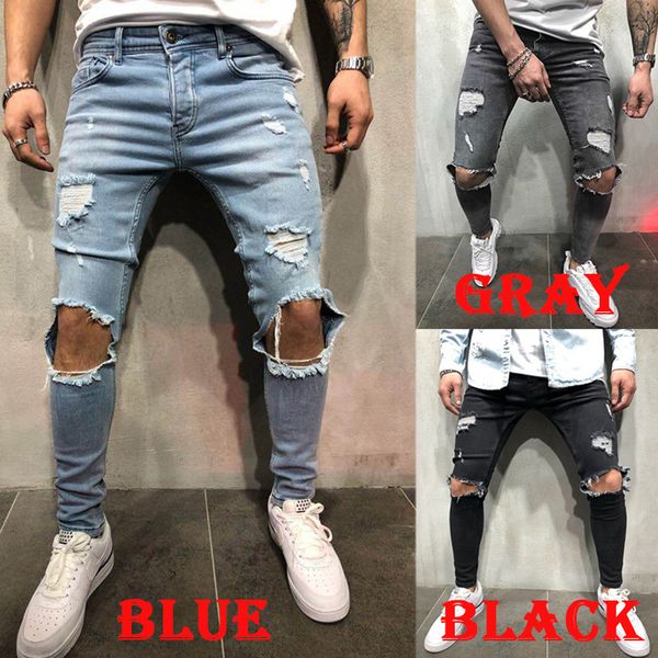 

2019 new fashion ankle length ripped jeans for men summer skinny pencil pants for men stretchy jeans long trousers with holes, Blue