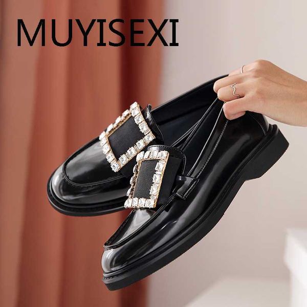 

genuine leather fashion metal crystal decorations loafers shoes round toe low heels slip on women leisure pumps mt08 muyisexi, Black