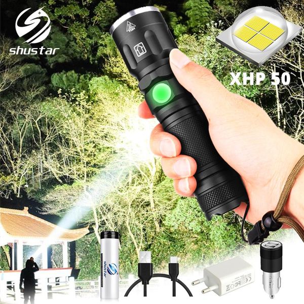 XHP50 LED-Taschenlampe, wasserdicht, 5 Beleuchtungsmodi, zoombare Taschenlampe. Verwenden Sie 18650 oder 26650 Akku für Outdoor-Abenteuer