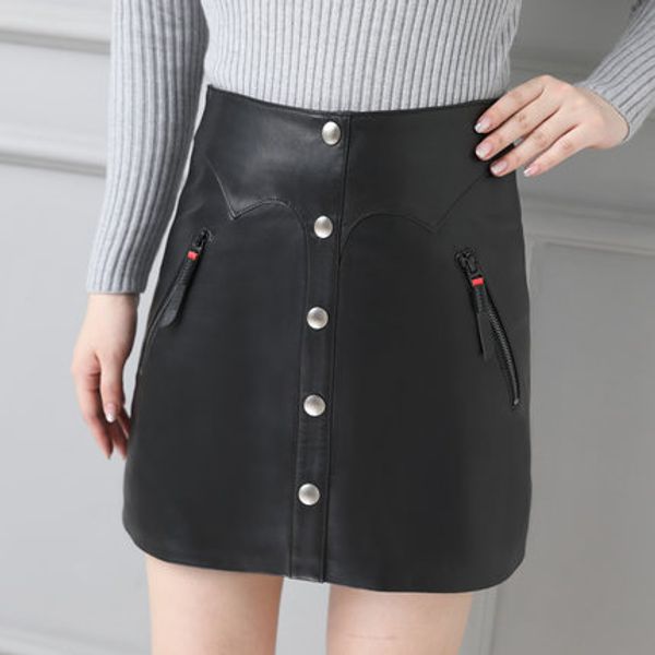 

2019 women slim genuine sheep leather skirt p15, Black