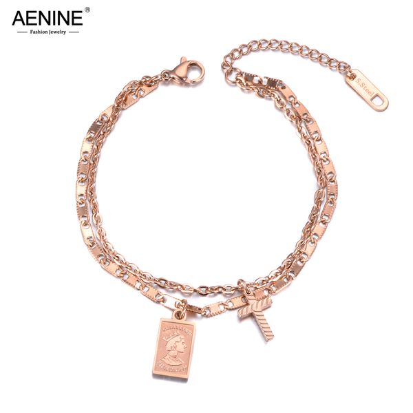 

aenine double layers retro cross tag charm bracelet elizabeth coin jewelry titanium steel chain & link women's bracelet ab19043, Black