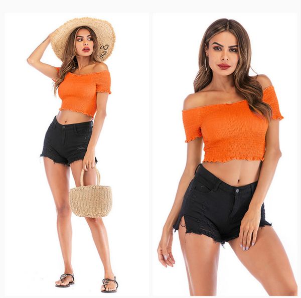 

women t shirts women designer solid color fungus t-shirt womens summer short slash neck navel short sleeve shirts sell, White