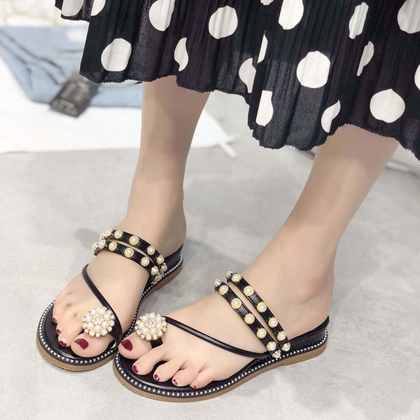

shoes slippers flat low slides rubber flip flops string bead shose women summer woman pantofle hawaiian, Black