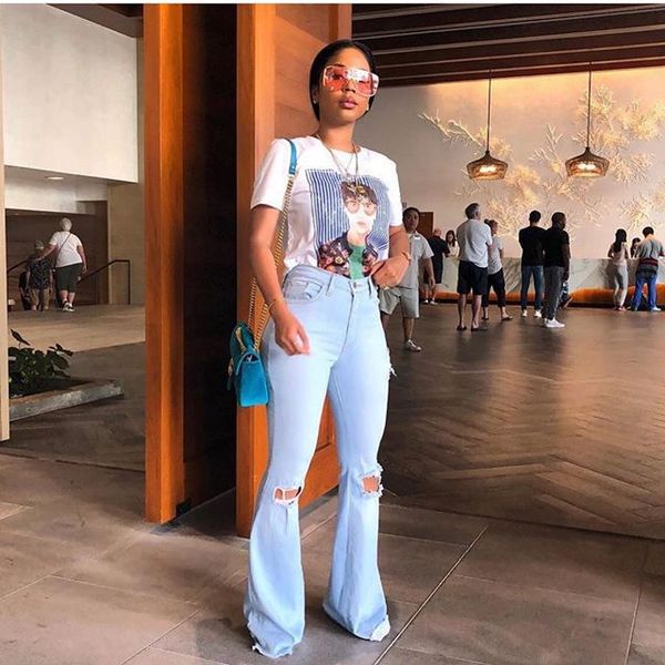 

Fashion Vintage Women Flare Jeans Summer Light Blue Skinny Ripped Jeans Sexy Ladies Zipper Fly Long Pants