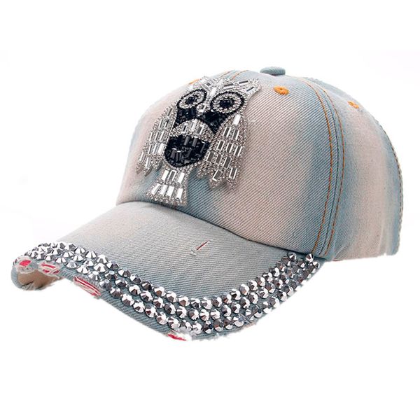 

2019 fashion board solid color baseball cap adjustable women men owl denim rhinestone baseball cap snapback hip hop flat hat, Blue;gray