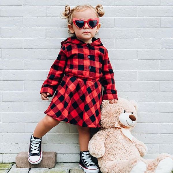 

fashion toddler baby girl christmas clothes hooded plaid dress xmas outfit lovely long sleeve girl dress, Red;yellow