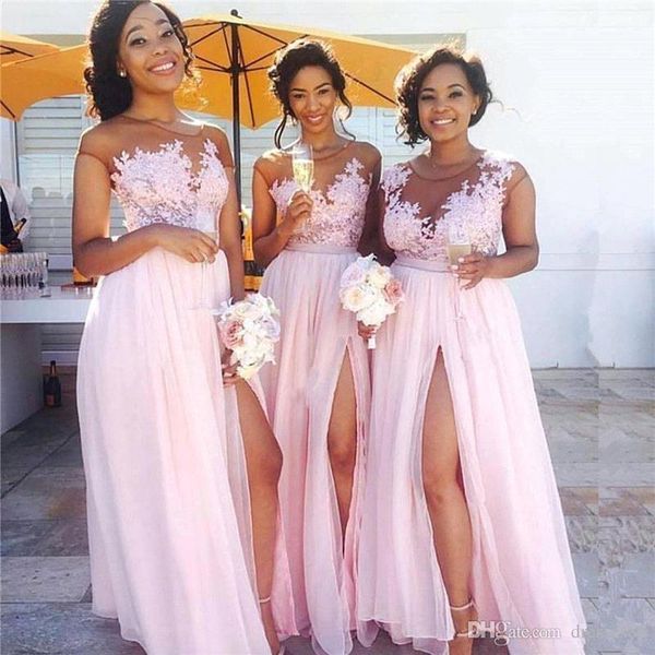 

flowy chiffon pink long bridesmaid dresses sheer neck cap sleeves appliqued illusion bodice split summer maid of honor gowns, White;pink