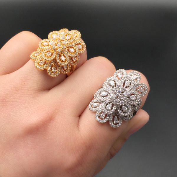 Moda- espumante Cubic Zirconia Flor Big Forma dedo anelar, Luxo Dubai Africano CZ Fine Jewelry Anel Mulheres Party For CP359