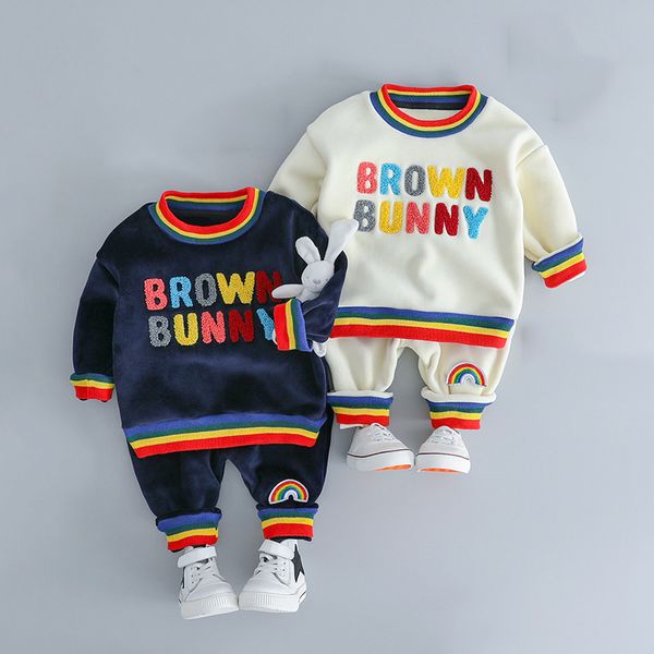 

2020 trendy fashion clothing set baby embroidery letter velvet t-shirt pants 2-piece spring baby clothes children sportswear, White
