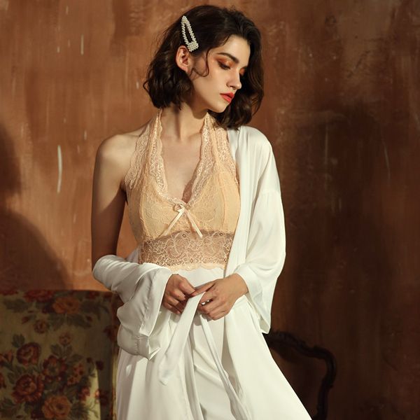 

women's sleepwear smmoloa silk robe with gown set lingerie women, Black;red