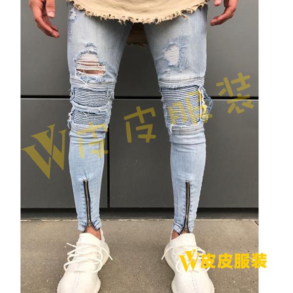 

мужские джинсы дырка тонкий узкие ноги брюки легкие брюки мужские 2 специальные, Blue