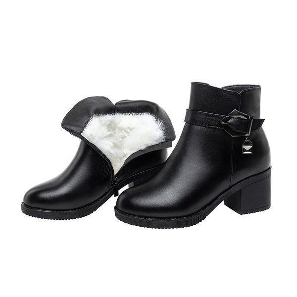 

2020 ladies new leather short boots thick heel waterproof snow boots fur all-in-one warm short tube outdoor cotton, Black