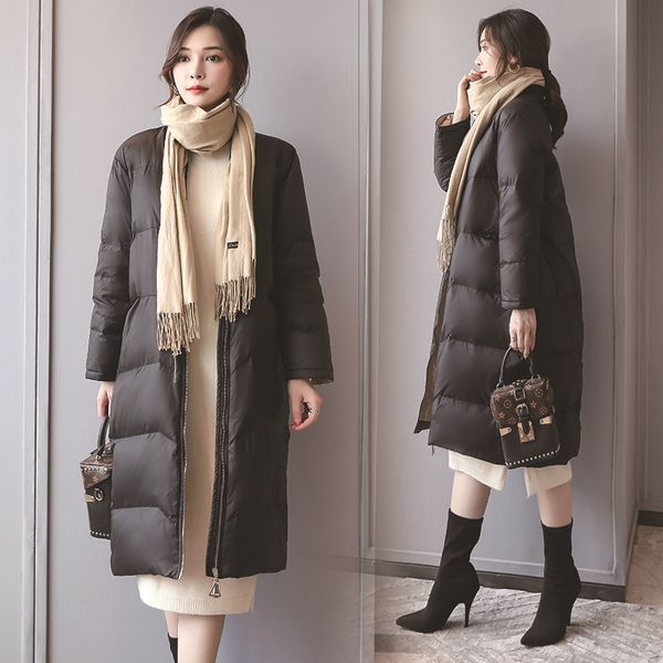 

plus size long coat fashion v neck women down jacket thick warmth loose cotton coat women winter bubble, Black