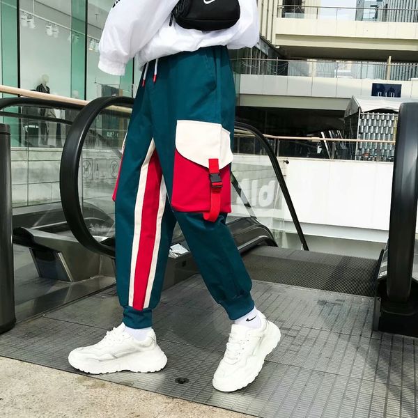 

high street skateboard big pocket pants tide hallen bottom trousers casual wear korean fashion cargo pants men, Black
