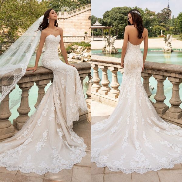 Querida tule sereia vestidos de casamento lace apliques sem encosto vestidos de casamento de praia com correspondência véu trem da varredura sexy vestido de novia