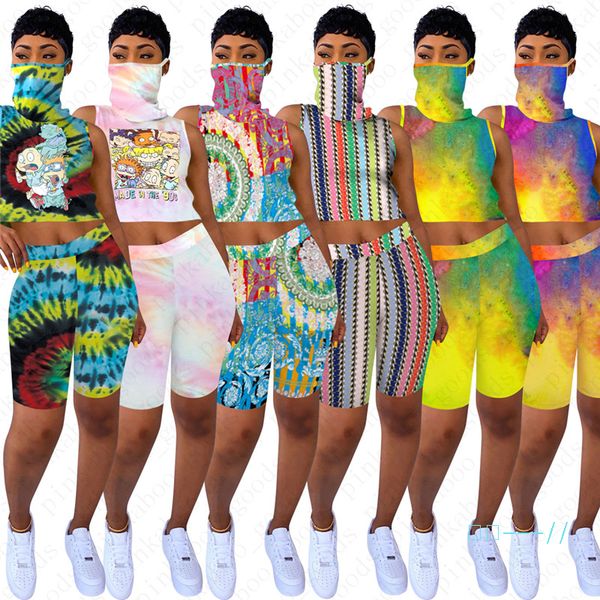 

women summer cartoon printed sunproof face mask scarf crop sleeveless vest and shorts 2pcs clothes set designer outfit sports suit d5805, Gray