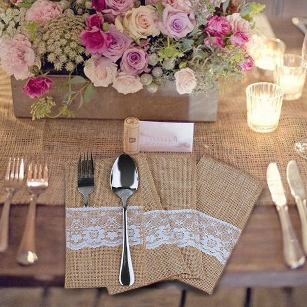 

60 pcs jute cutlery knives and forks cutlery set silverware bag holder burlap & lace party wedding decor, 21x11cm